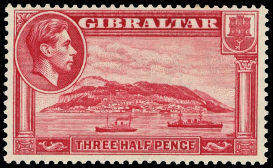 GIBRALTAR 1938  SG123a Mint unmounted 1&frac12;d carmine perf 13&frac12;