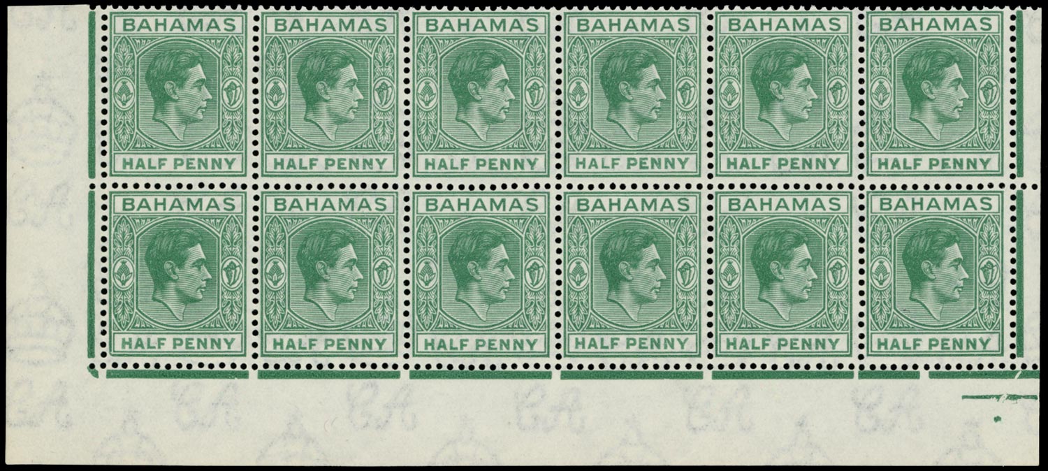 BAHAMAS 1938  SG149a Mint unmounted &frac12;d green variety Elongated 'E'