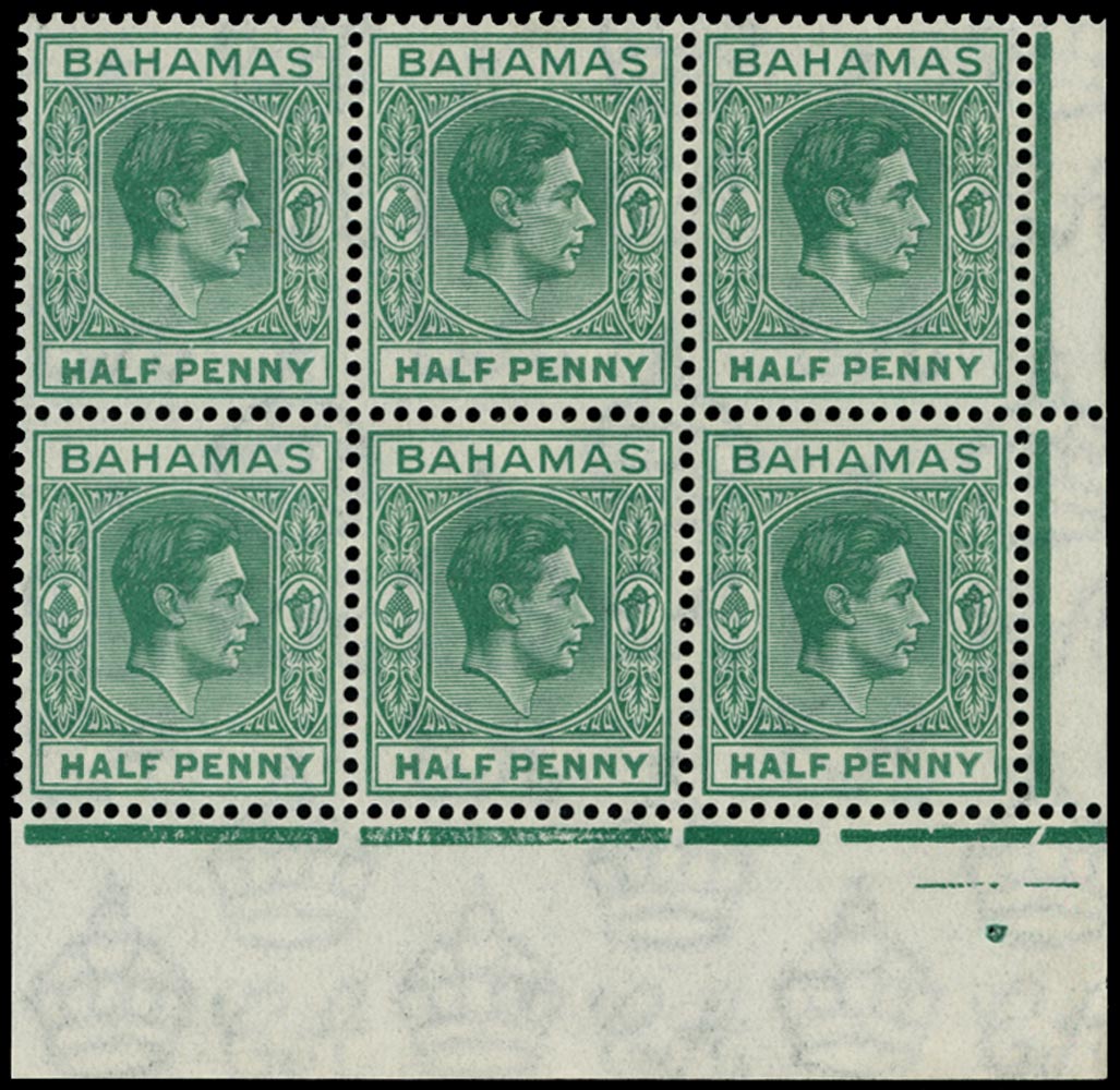 BAHAMAS 1938  SG149ca Mint unmounted &frac12;d bluish green variety Elongated 'E'