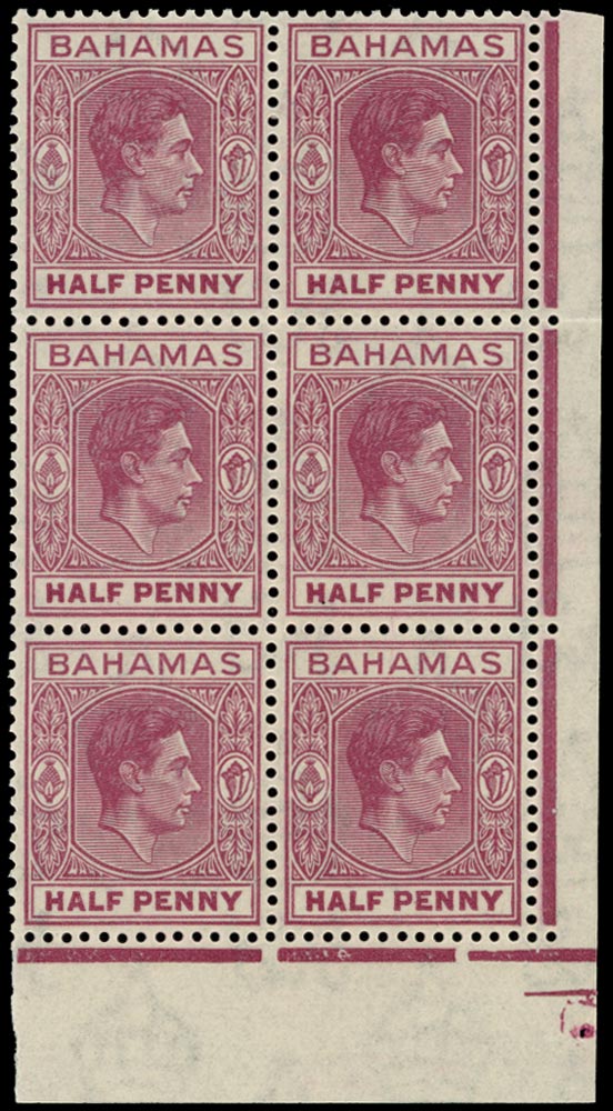 BAHAMAS 1938  SG149ec Mint unmounted &frac12;d brown-purple variety Elongated 'E'