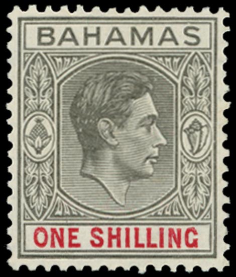 BAHAMAS 1938  SG155a Mint unmounted KGVI 1s brownish grey and scarlet on thin striated paper