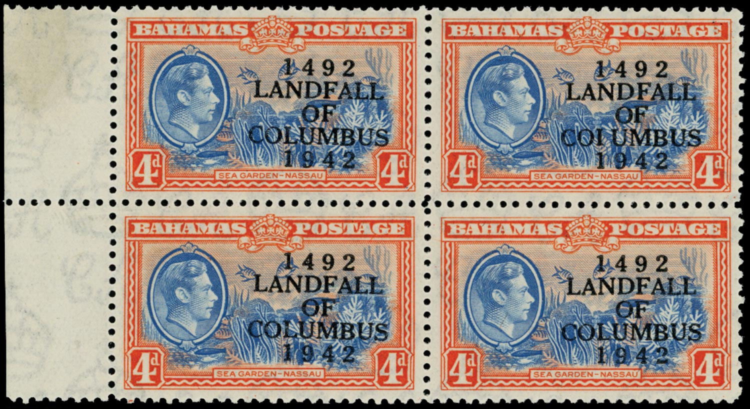 BAHAMAS 1942  SG168a Mint unmounted 4d Landfall variety COIUMBUS