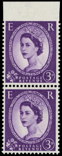 Great Britain 1958 Queen Elizabeth II 3d Purple Imperforate Top Margin Variety