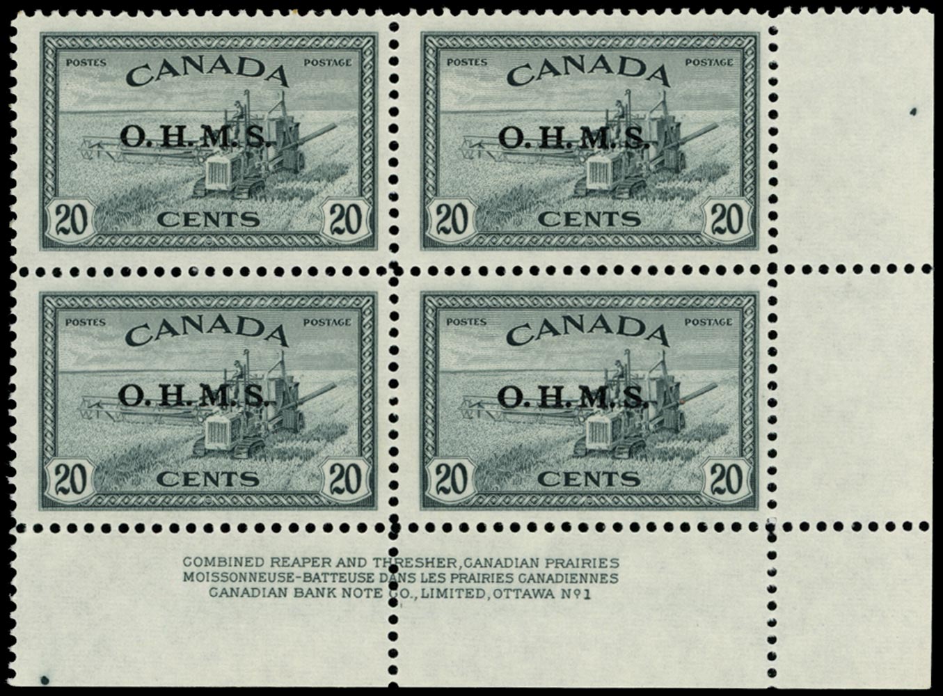 CANADA 1949  SGO167 Official 20c slate Combine Harvester imprint plate block of 4 unmounted mint