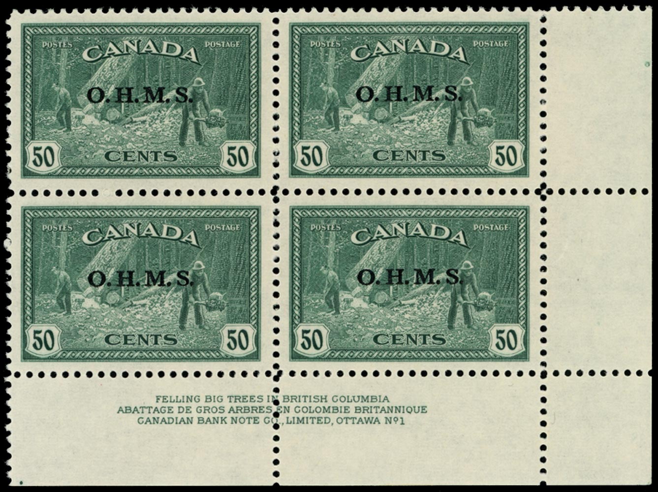 CANADA 1949  SGO169 Official 50c green Lumbering imprint plate block of 4 unmounted mint