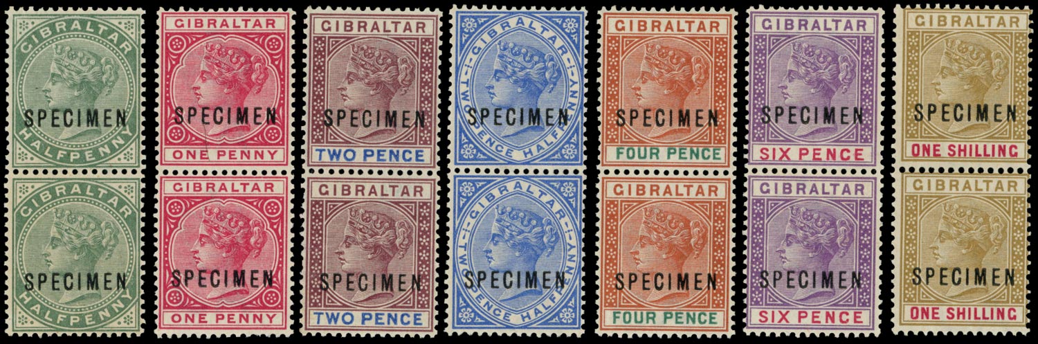 GIBRALTAR 1898  SG39s/45s Specimen Sterling reissue set of 7 to 1s vertical pairs unmounted mint