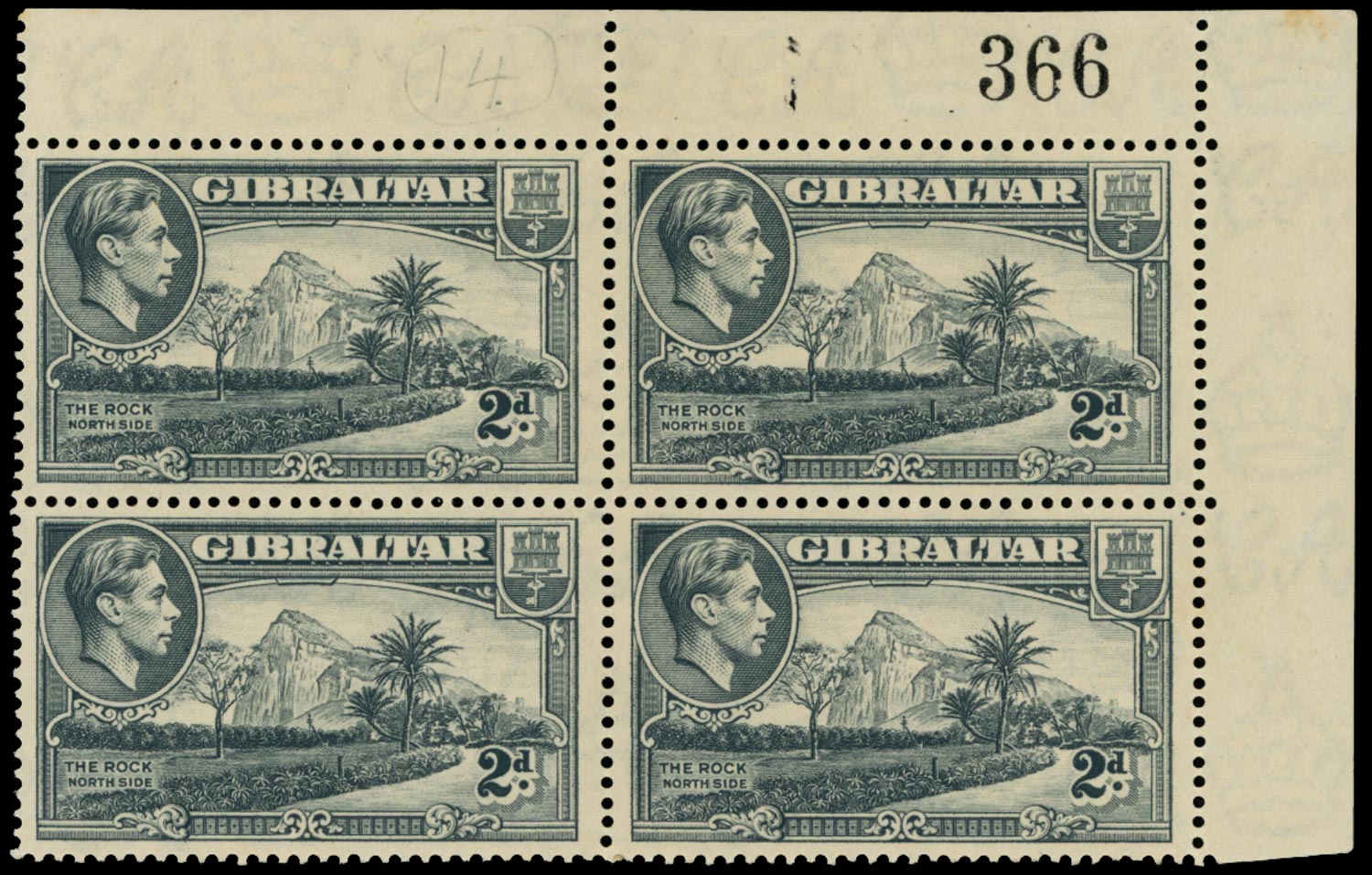 GIBRALTAR 1938  SG124aa Mint unmounted 2d grey perf 14 variety Ape on rock