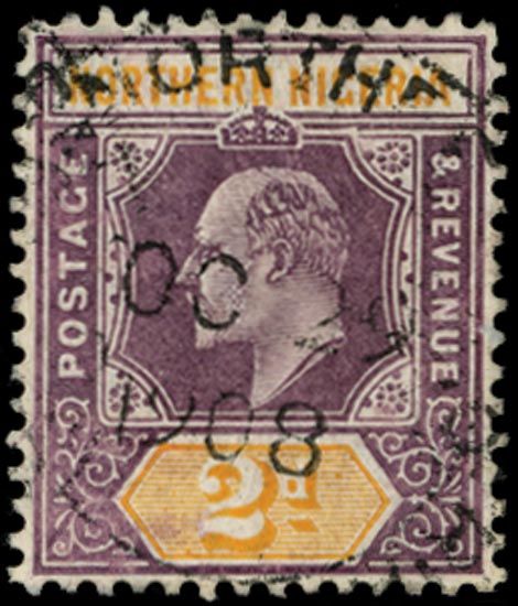 NORTHERN NIGERIA 1905  SG22ba Used KEVII 2d dull purple and yellow on chalky paper watermark MCA variety Damaged frame and crown