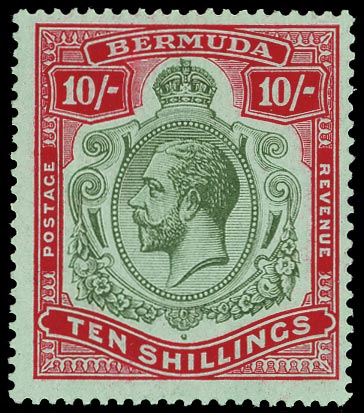 BERMUDA 1918  SG54 Mint 10s green and carmine on pale bluish paper watermark MCA
