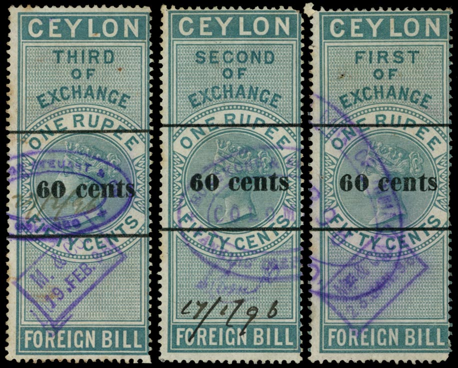 CEYLON 1896 Revenue Foreign Bill: Local Surcharge 1896 '60 cents' on 1r50 deep green