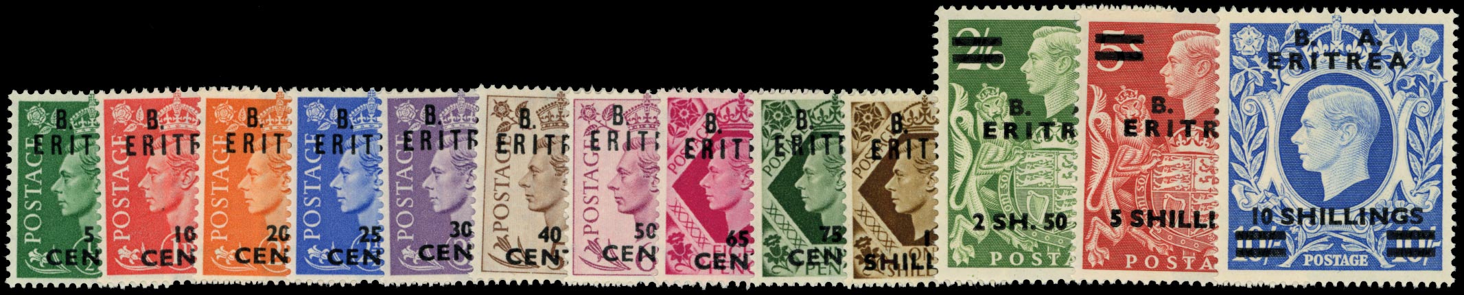 B.O.I.C. ERITREA 1950  SGE13/25 Mint unmounted B. A. ERITREA set of 13 to 10s