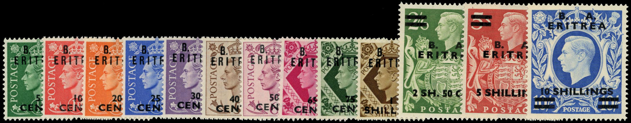 B.O.I.C. ERITREA 1950  SGE13/25 Mint unmounted B. A. ERITREA set of 13 to 10s