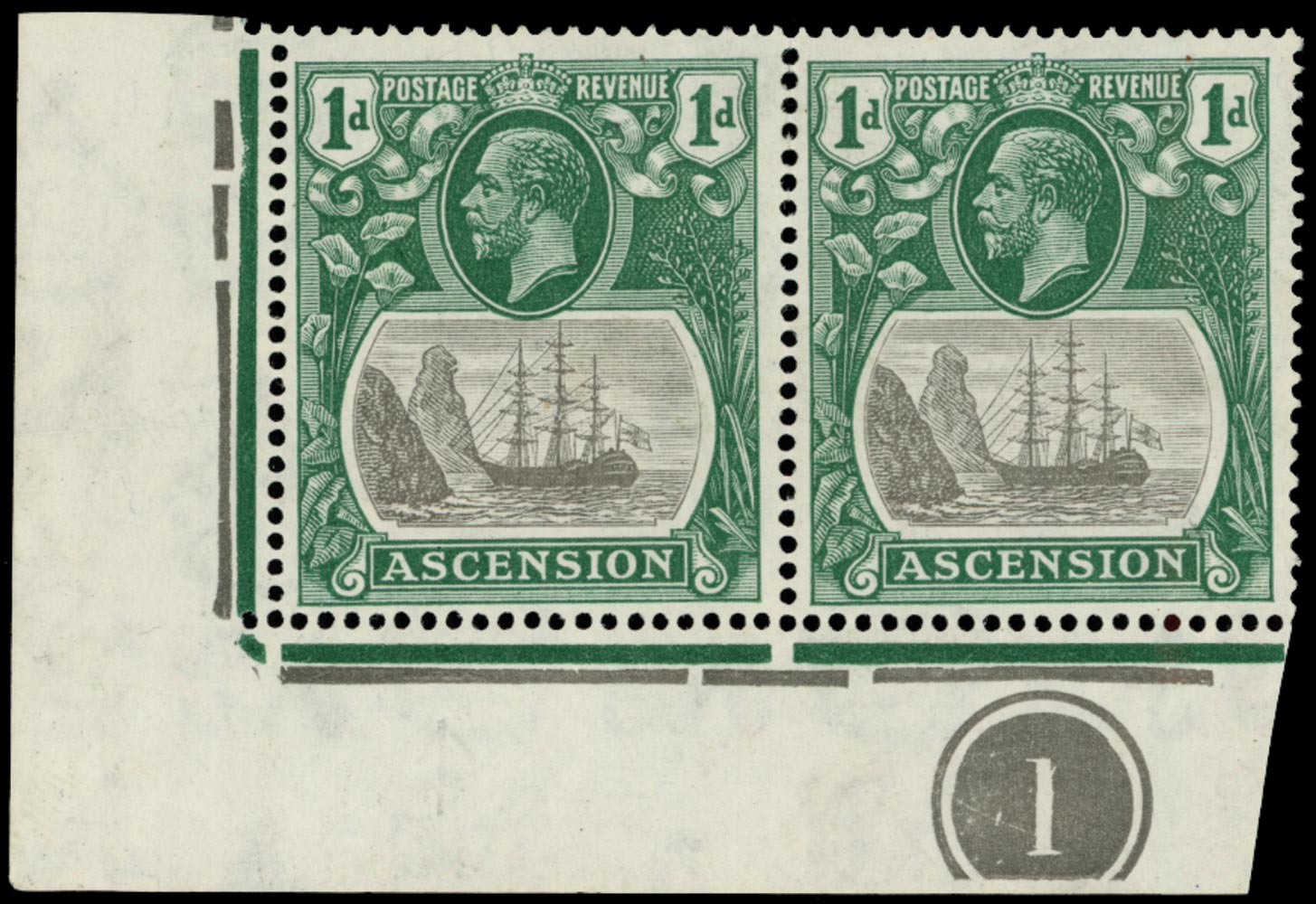 ASCENSION 1924  SG11dc Mint KGV 1d grey-black and bright blue-green variety Cleft rock