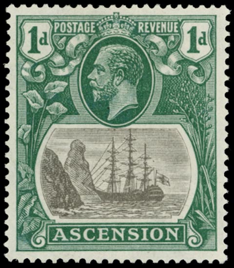 ASCENSION 1924  SG11da Mint KGV 1d grey-black and bright blue-green variety Broken mainmast