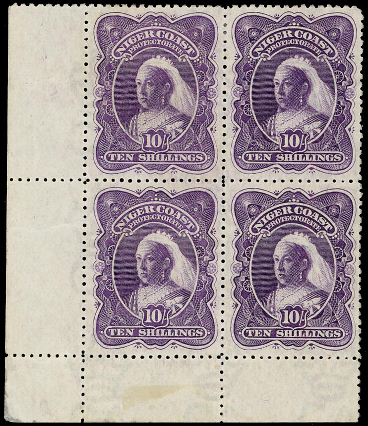NIGER COAST 1898  SG74b Mint 10/- deep violet perf 13&frac12; x 14 block of four, two unmounted