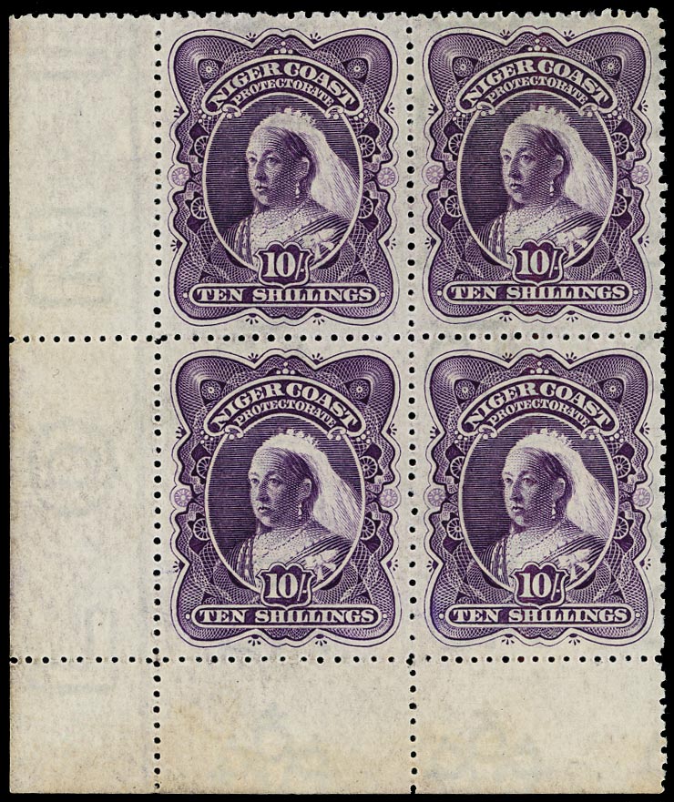 NIGER COAST 1898  SG74c Mint 10/- deep violet compound perf block of four
