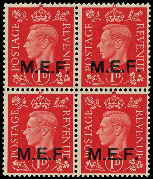 B.O.I.C. - M.E.F. 1942  SGM6b Mint 1d round and square stops se-tenant block unmounted