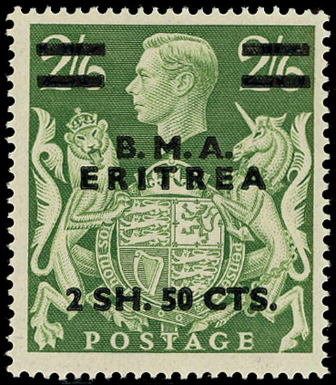 B.O.I.C. ERITREA 1948-9  SGE10 var Mint BMA 2s50 on 2/6d 'T' guide unmounted