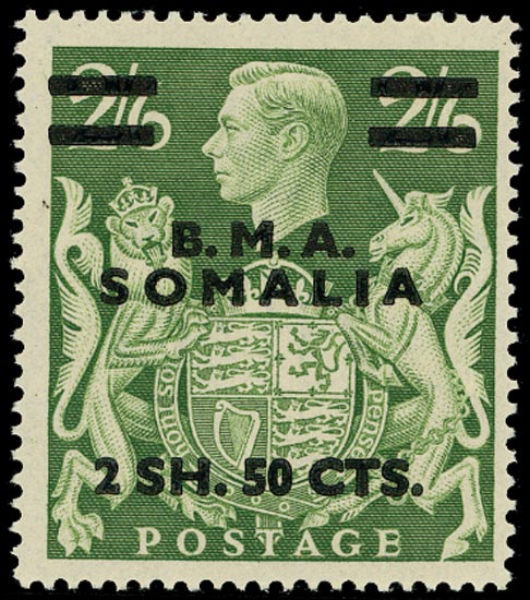 B.O.I.C. SOMALIA 1948  SGS19 var Mint BMA 2s50 on 2/6d 'T' guide in hair unmounted