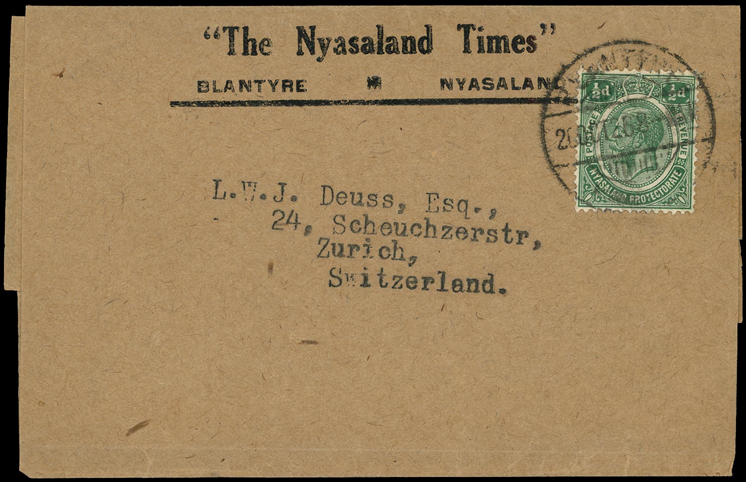 NYASALAND 1926  SG100 Cover Nyasaland Times newspaper wrapper to Switzerland