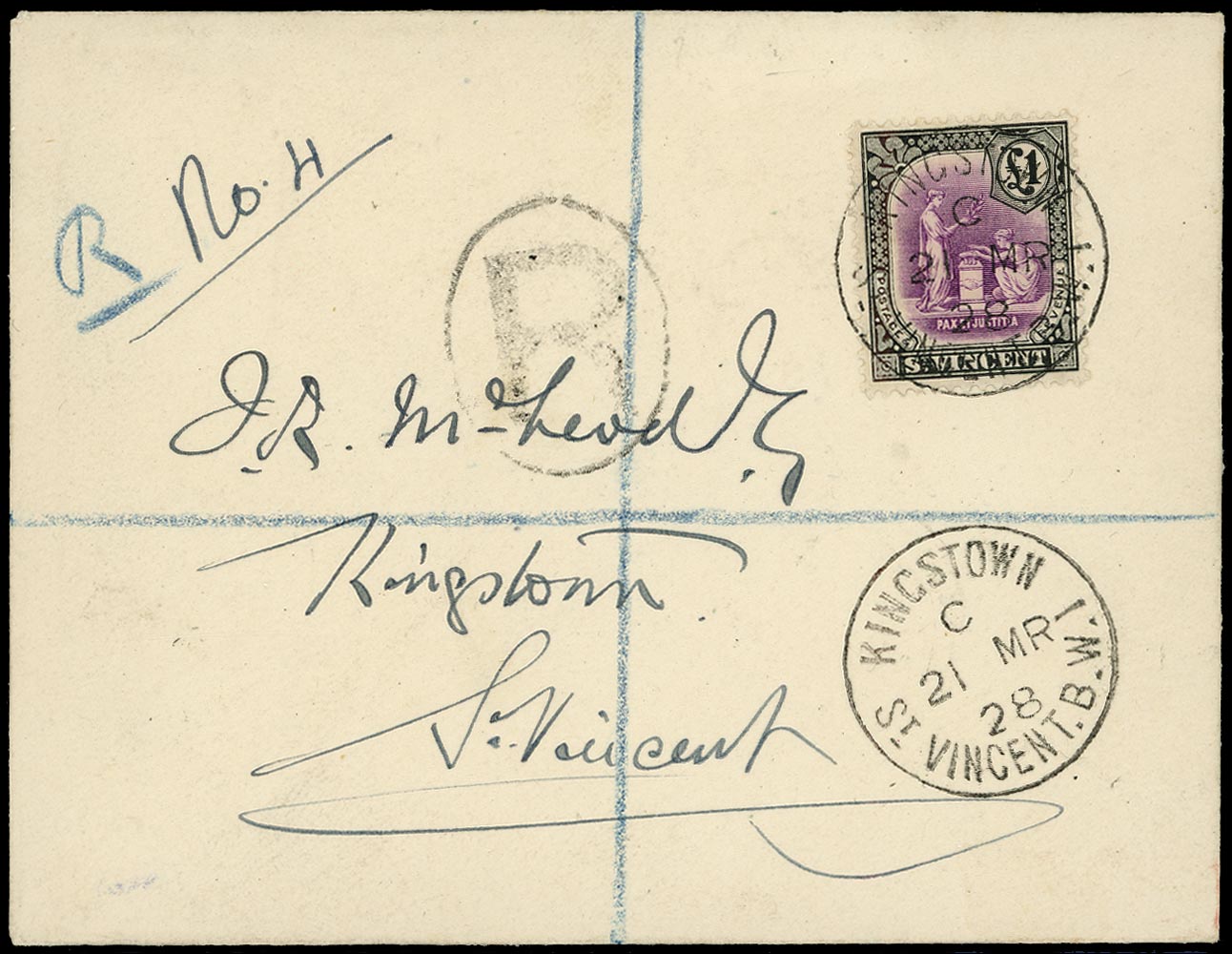 ST VINCENT 1928  SG120 Cover with £1 black and mauve watermark MCA