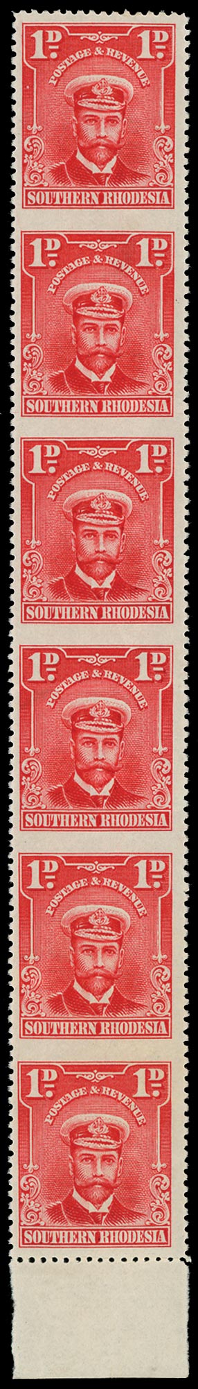 SOUTHERN RHODESIA 1924  SG2b{a} Mint 1d vertical strip of six (lower marginal) ERROR IMPERF BETWEEN, o.g.