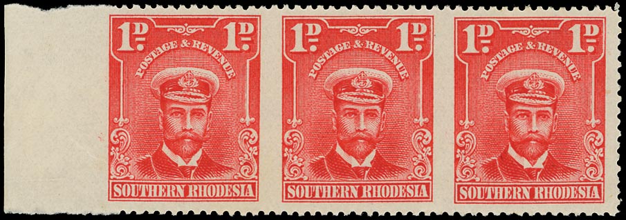 SOUTHERN RHODESIA 1924  SG2a{a} Mint 1d horiz strip of three (left marginal) ERROR IMPERF BETWEEN, o.g.