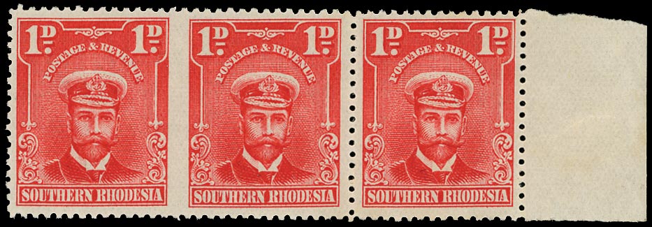 SOUTHERN RHODESIA 1924  SG2a Mint 1d horiz strip of three (right marginal) ERROR IMPERF BETWEEN cols 18 and 19, o.g.