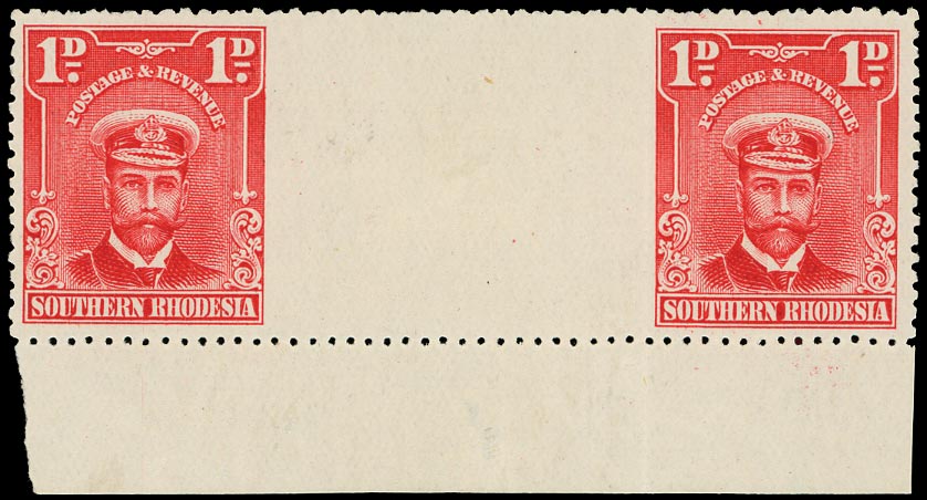 SOUTHERN RHODESIA 1924  SG2a var Mint 1d horiz gutter pair (R12/10-11) ERROR IMPERF BETWEEN, o.g.