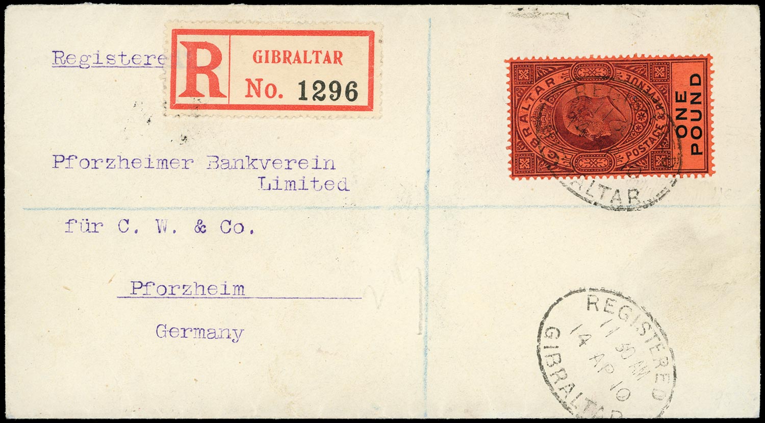 GIBRALTAR 1910  SG64 Cover registered cover to Germany with KEVII £1 deep purple and black on red paper