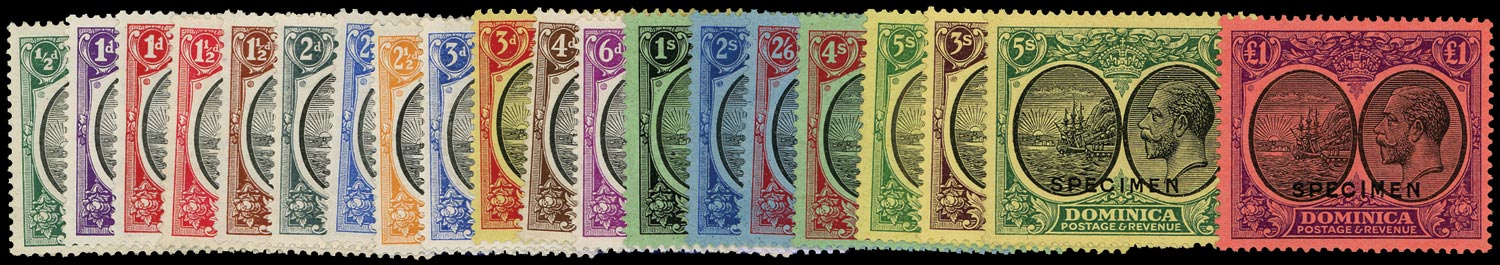 DOMINICA 1923  SG71s/91s btwn Specimen part set of 20 ½d to £1 less 3s Script watermark