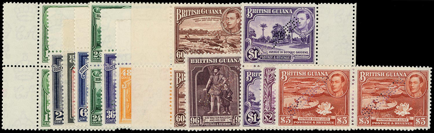 BRITISH GUIANA 1938  SG308s/19s Specimen KGVI set of 12 to $3 unmounted mint pairs