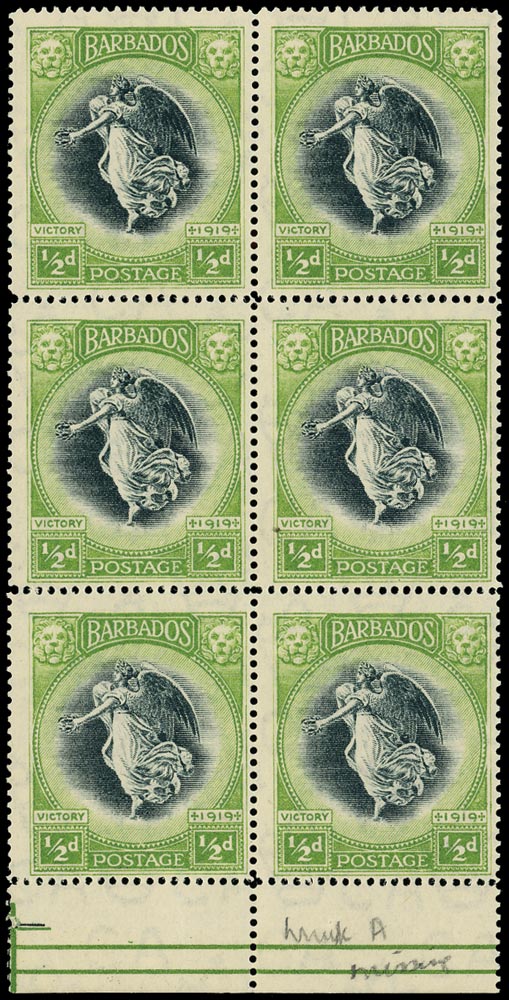 BARBADOS 1920  SG202b Mint unmounted Victory &frac12;d black and bright yellow-green variety A of CA missing from watermark