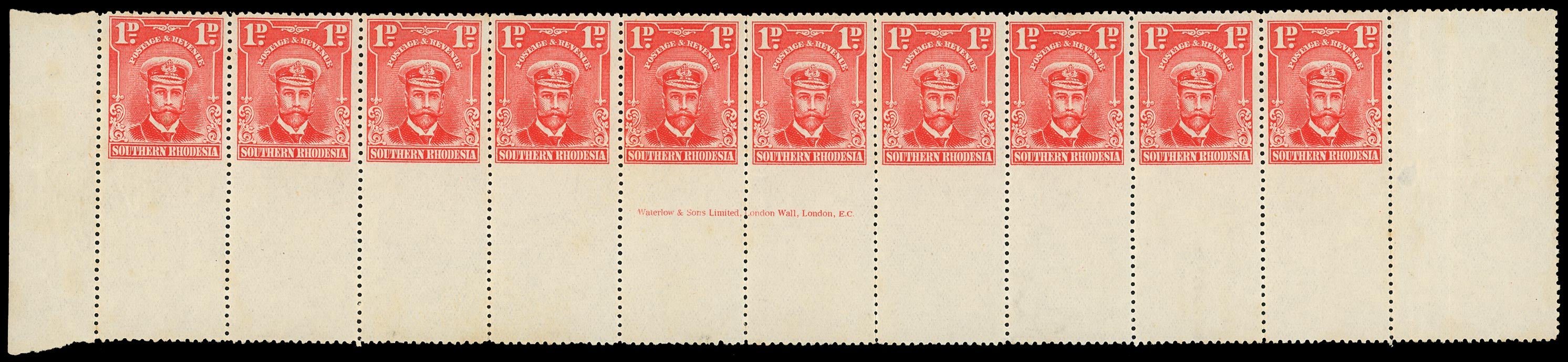 SOUTHERN RHODESIA 1924  SG2 var Mint 1d, R6/1-10, horiz row of 10, variety imperf to gutter below, u/m