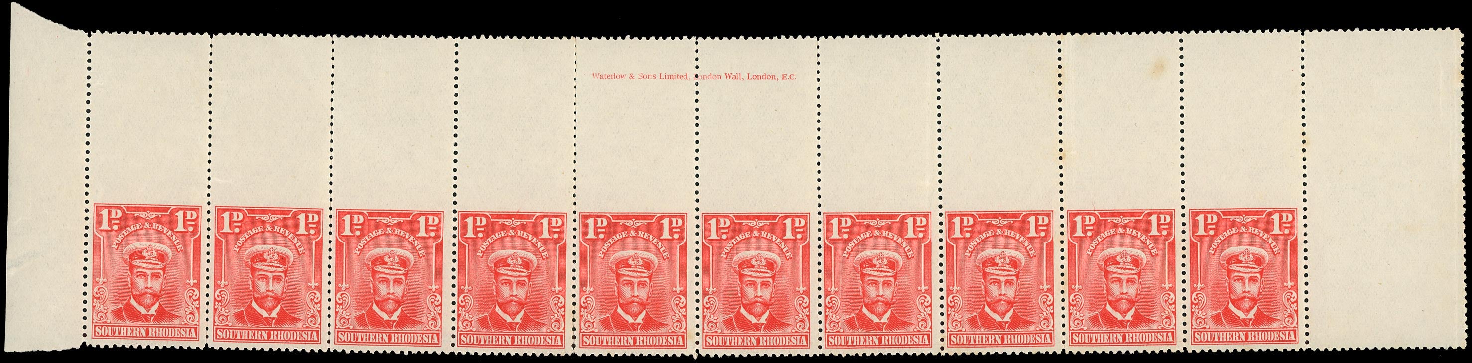 SOUTHERN RHODESIA 1924  SG2 var Mint 1d, R7/1-10, horiz row of 10, variety imperf to gutter above, u/m