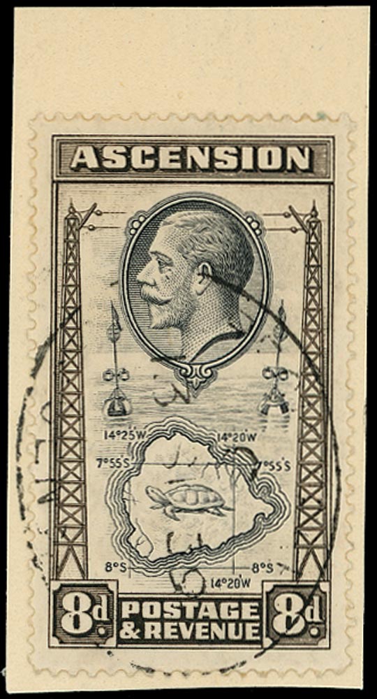 ASCENSION 1934  SG27a Used KGV 8d black and sepia with Teardrops flaw