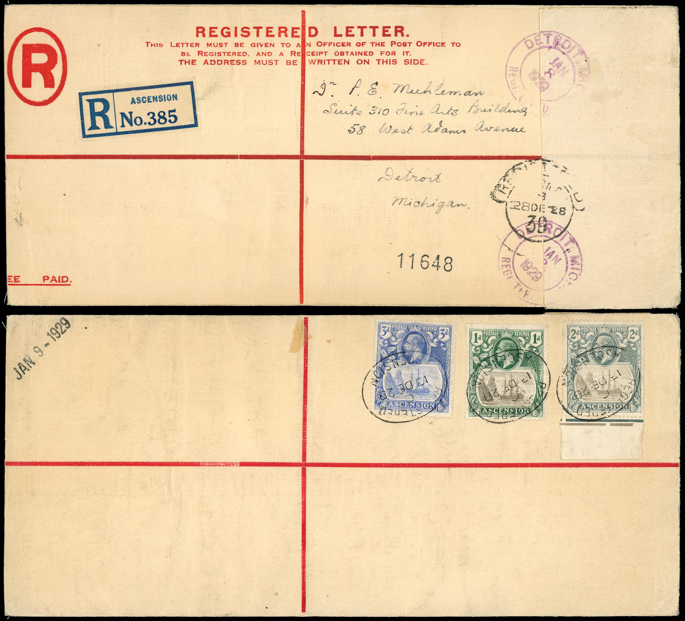 ASCENSION 1928  SG11, 13, 14 Cover registered to USA with Badge 1d, 2d, 3d