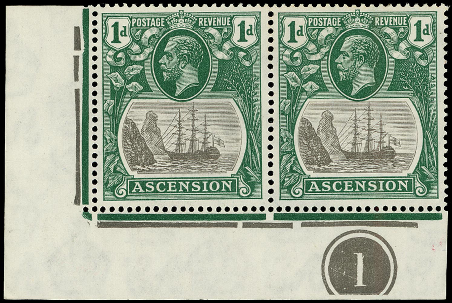 ASCENSION 1924  SG11dc Mint KGV 1d grey-black and bright blue-green variety Cleft rock
