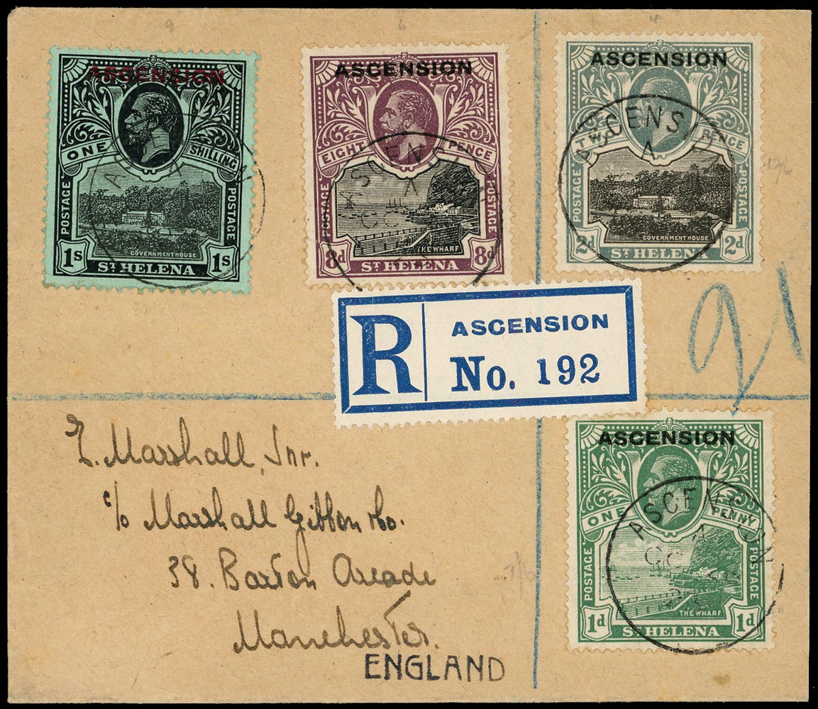 ASCENSION 1922  SG2, 4a, 6, 9 Used on cover 2d black and grey variety Line through P of POSTAGE