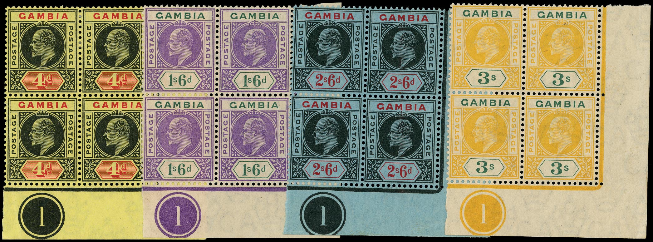GAMBIA 1909  SG76, 82, 84, 85 Mint KEVII new colours 4d, 1s6d, 2s6d, 3s