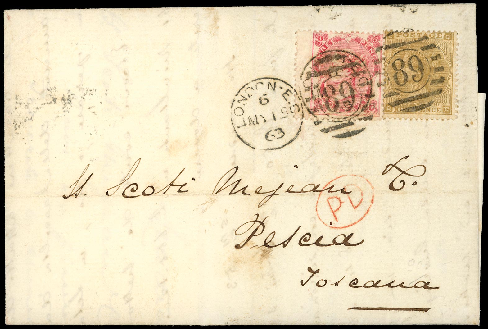 GB 1863  SG76, 87 Cover London to Pescia, Italy