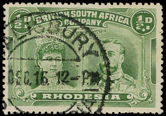 RHODESIA 1910  SG119var Used &frac12;d pale green, variety "Double dot" (Plate II, R3/9)