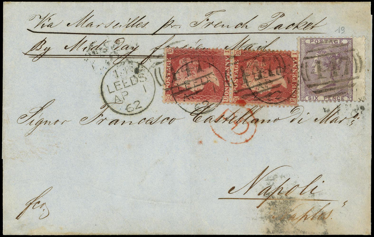 GB 1862  SG40,69 Cover - 2d late fee payment to Naples