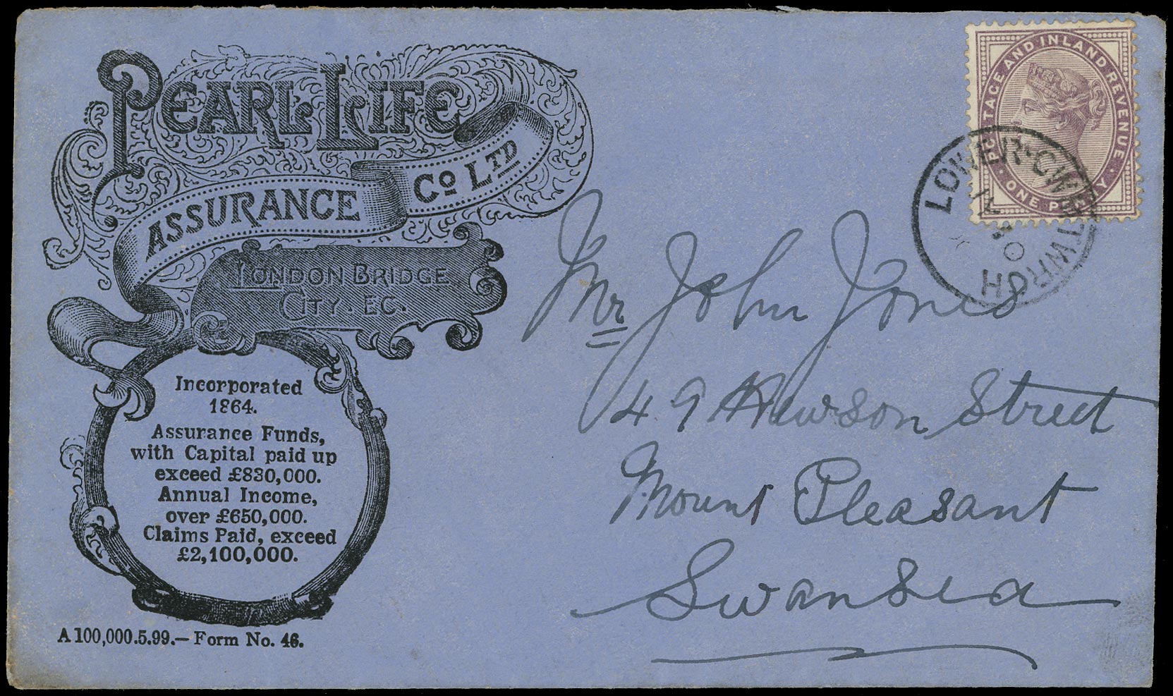GB 1900  SG172 Cover - Advertising envelope from Pearl Life Assurance