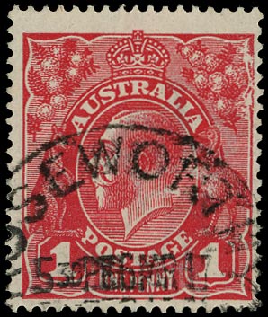 AUSTRALIA 1914  SG21ca Used KGV 1d carmine-red watermark 5 variety Rusted cliche