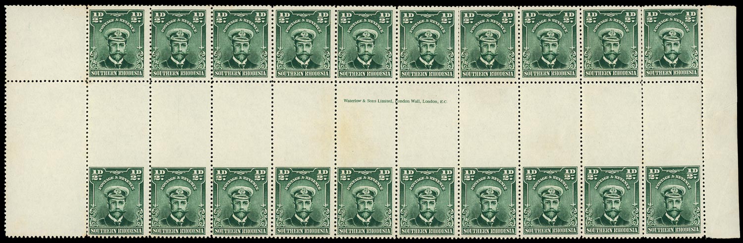 SOUTHERN RHODESIA 1924  SG1 var Mint &frac12;d B20, R6-7/11-20, with ten vert gutter pairs, row 7 IMPERF to gutter, u/m
