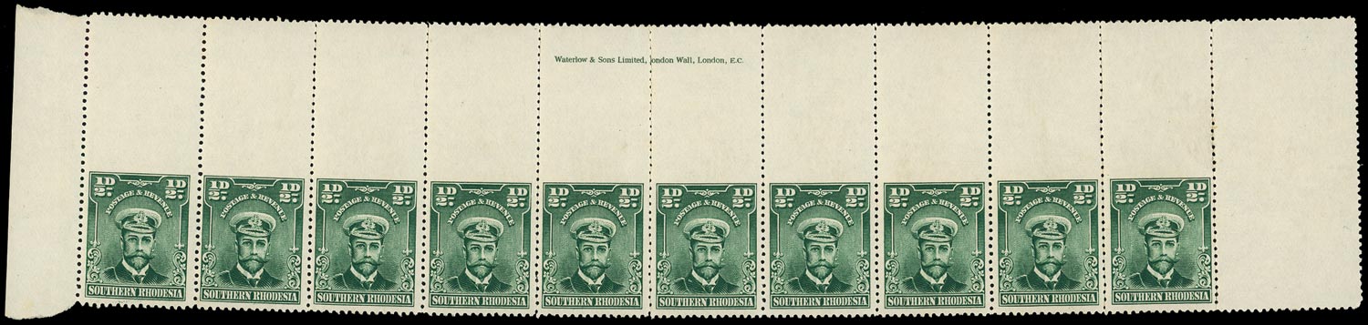 SOUTHERN RHODESIA 1924  SG1 var Mint &frac12;d horiz strip of 10, R7/1-10, IMPERF to gutter, u/m