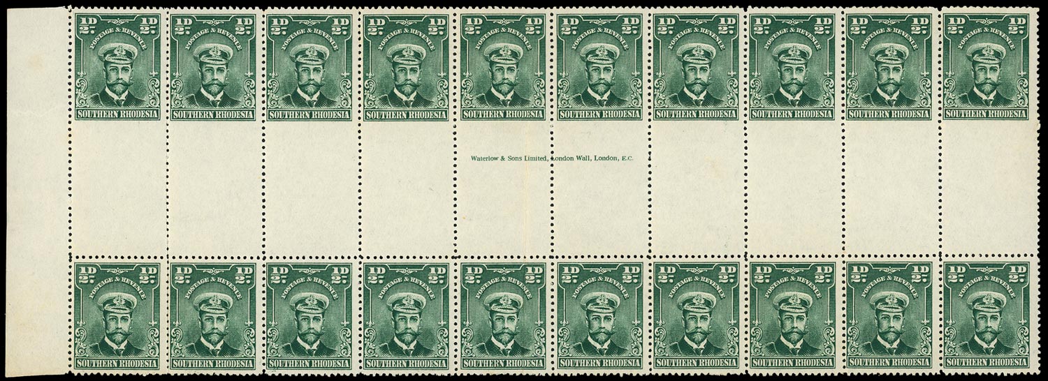 SOUTHERN RHODESIA 1924  SG1 var Mint &frac12;d B20, R6-7/1-10, with ten vert gutter pairs, row 6 IMPERF to gutter, u/m