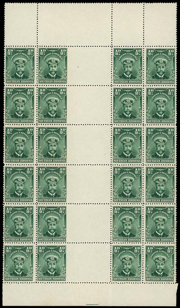 SOUTHERN RHODESIA 1924  SG1/var Mint &frac12;d B24, R7-12/9-12, with six horiz gutter pairs, col 10 IMPERF AT GUTTER,  u/m