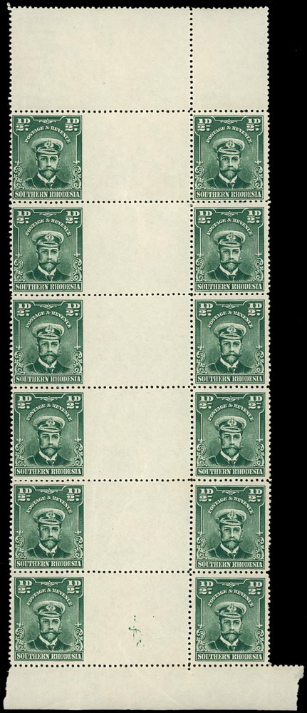 SOUTHERN RHODESIA 1924  SG1 var Mint &frac12;d B12, R7-12/10-11, with six horiz gutter pairs, col 10 IMPERF AT GUTTER,  u/m